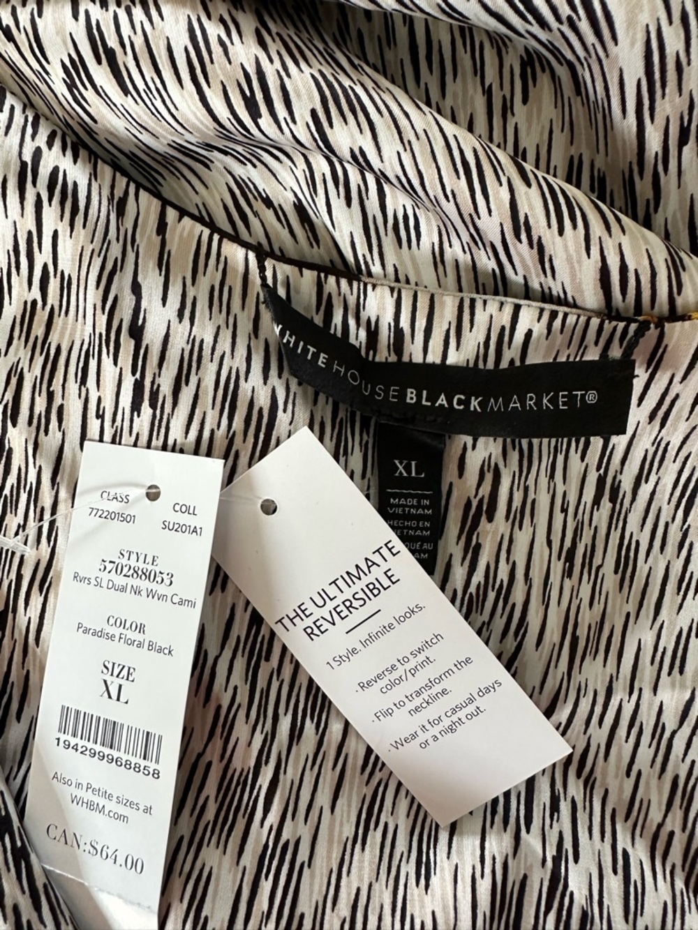 White House Black Market XL Reversible Cami Tank Top Floral Black Ivory NWT - Picture 6 of 7